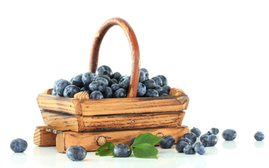 Blueberries in wooden basket isolated on white