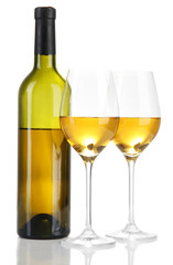 Wine bottle and wineglasses with white wine, isolated on white
