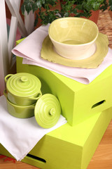 Beautiful white furniture with tableware and decor,