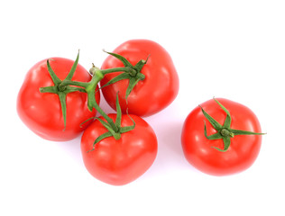 fresh tomatoes with green leaves isolated on white background