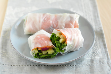 Asiatische Reispapier Rollen mit Lachs