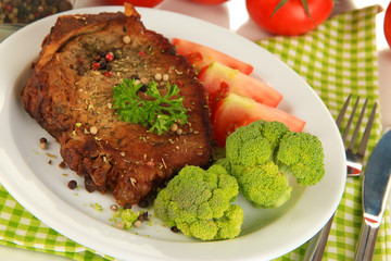 Piece of fried meat on plate close-up