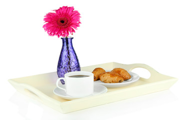 Wooden tray with breakfast, isolated on white