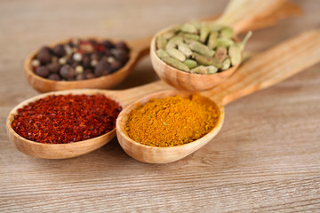 Assortment of spices in wooden spoons on wooden background