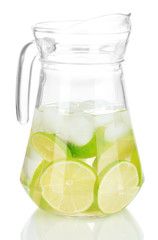 Cold water with lime, lemon and ice isolated on white