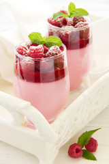 Raspberry dessert panna cotta, selective focus.