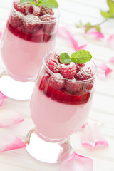 Raspberry dessert panna cotta, selective focus.