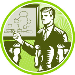 Businessman Presenting Boardroom Woodcut