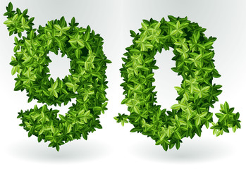 Figures 9,0. Green leaves summer vector alphabet.