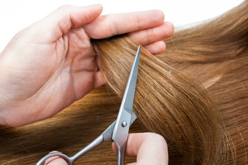 hands of hairdresser cutting woman’s  hair