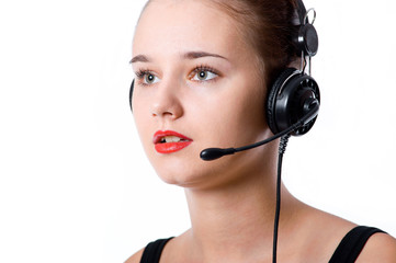 Customer service operator woman with headset,  on white backgrou