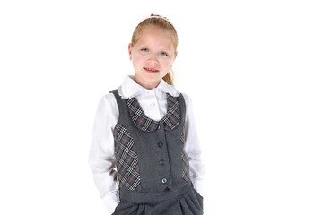 8 year old school girl smiling on white background