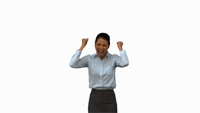 Happy businesswoman gesturing on white screen