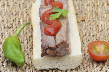 steak sandwich with pepper and tomato. Beef snack