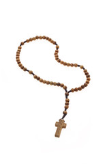 Wood rosary with cross isolated on white