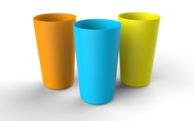 Plastic glass of various color isolated on white background