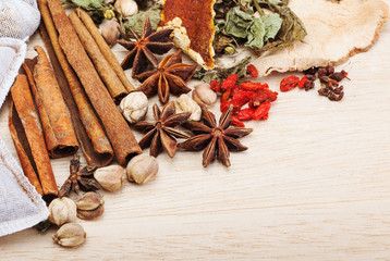 spices on wooden background