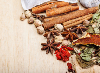 spices on wood background