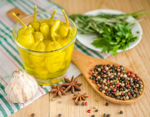 spices: pepperoncini, garlic, parsley, star anise and peppercorn