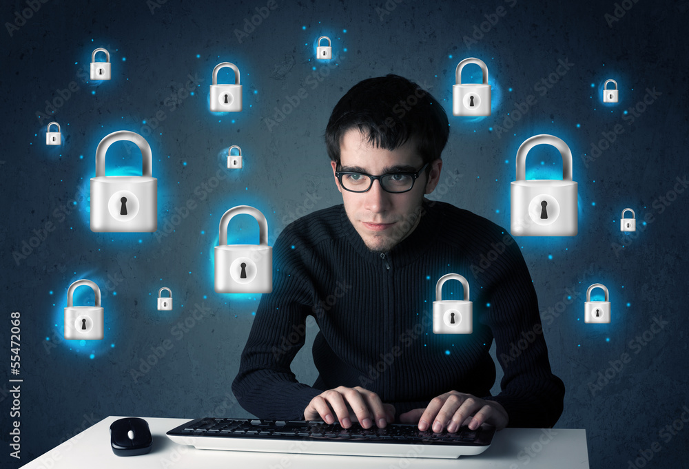 Poster young hacker with virtual lock symbols and icons