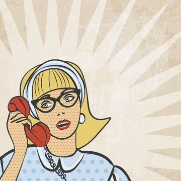 girl with telephone in retro style - vector illustration