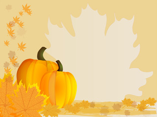 Pumpkins with leaves. Autumn background. Vector.