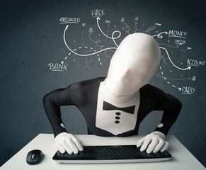 Morphsuit hacker with white drawn line thoughts