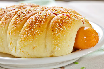 bread with sausage or hotdog