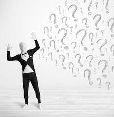 3d human character is body suit looking at hand drawn question m