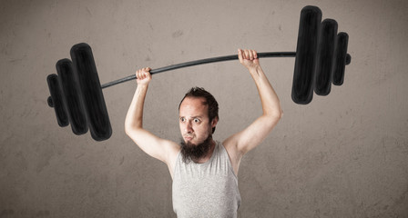 Funny skinny guy lifting weights