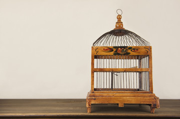 bird cage on wooden shelf