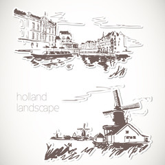 Holland hand drawn landscape in vintage style