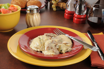 chicken portabella ravioli with salad