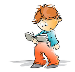 cute little school boy reading book, hand-drawn cartoon,