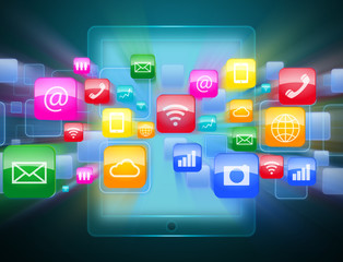 Touch screen tablet with cloud of colorful application icons