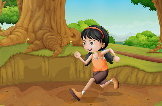 A kid running at the forest