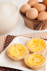 Egg tarts served in ceramic plate.