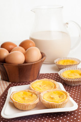 Traditional asian dessert egg tarts sweet custard pie.
