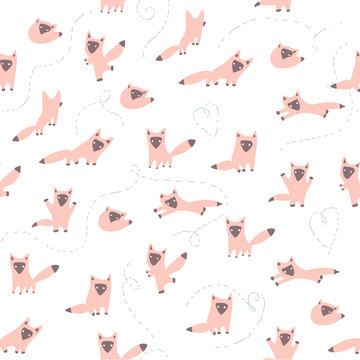 Vector seamless pattern with cute pink foxes