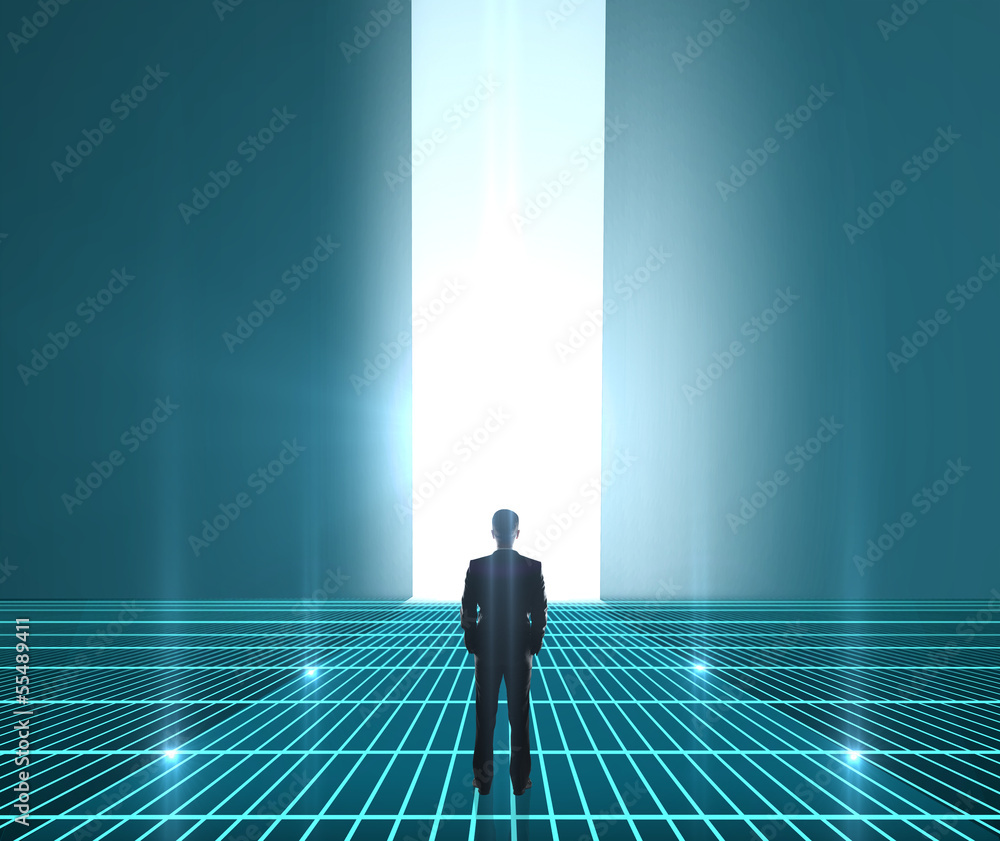 Poster man looking at interface