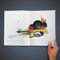 Colorful poster of music party printed on book.