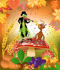 Obraz na płótnie Canvas grasshopper and ant playing instruments