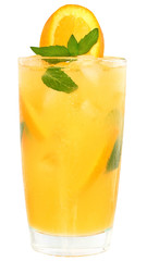 Cocktail with orange juice and ice cubes decorated leaf mint