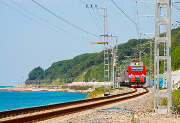 Train travels along the coast of the Black Sea