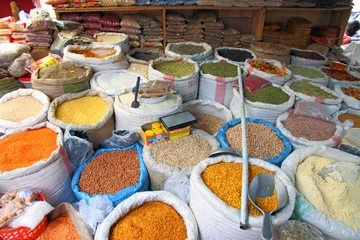 Fotobehang Bags of Market Food Staples © Faas