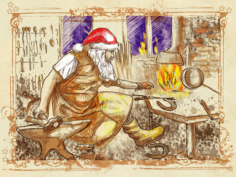Santa Claus in the smithy manufactures horseshoes