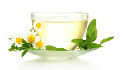 Cup of herbal tea with wild camomiles and mint, isolated