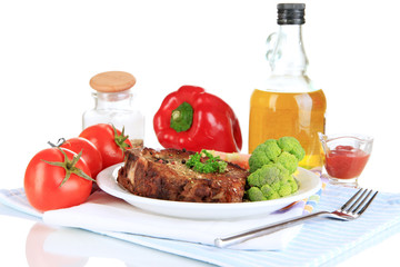 Piece of fried meat on plate isolated on white