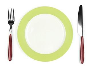 Knife, white plate and fork, isolated on white