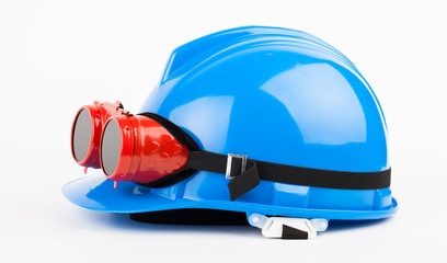 blue helmet and red welder glasses